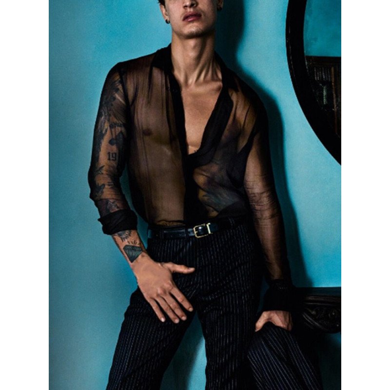 Mens Transparent Mesh See Through Long Sleeve Shirt
