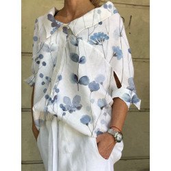 Women Floral Plant Print Lapel Cutout Detail 3/4 Sleeve Shirt