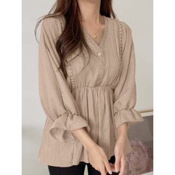 Lace Trim Puff Sleeve Ruffle V-neck Solid Blouse