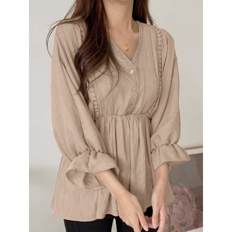 Lace Trim Puff Sleeve Ruffle V-neck Solid Blouse
