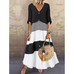 Striped Patchwork Button Front Maxi Dress For Women