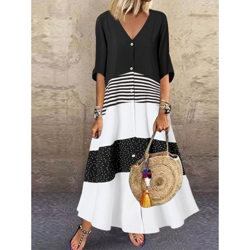 Striped Patchwork Button Front Maxi Dress For Women