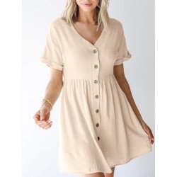 High Waist Solid Button Front Rolled Short Sleeve Dress
