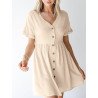 High Waist Solid Button Front Rolled Short Sleeve Dress