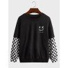 Mens Smile Face Print Checkered Patchwork Pullover Sweatshirts