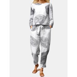 Vintage Printed Cotton Elastic Waist Two-piece Set Suit