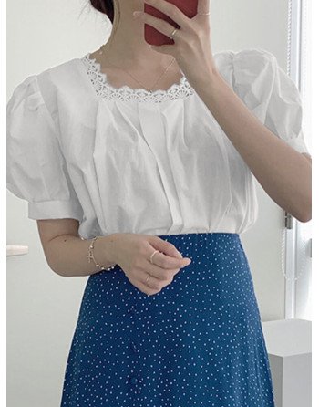 Women Guipure Lace Square Collar Puff Sleeve Blouse