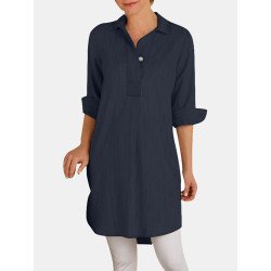 Women Solid Curved Hem Lapel Long Sleeve Blouse
