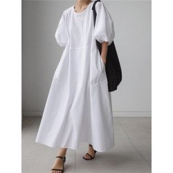 Lantern Sleeve Loose Pocket Solid Crew Neck Maxi Dress