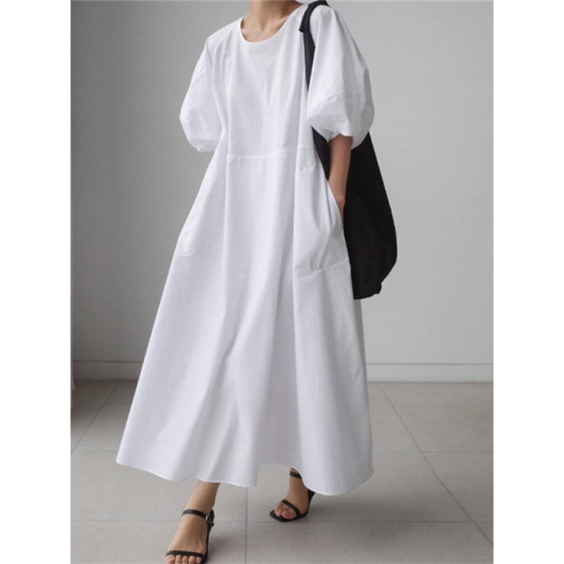 Lantern Sleeve Loose Pocket Solid Crew Neck Maxi Dress