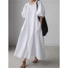 Lantern Sleeve Loose Pocket Solid Crew Neck Maxi Dress