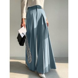 Women Solid Pleated Casual Wide Leg Pants With Pocket