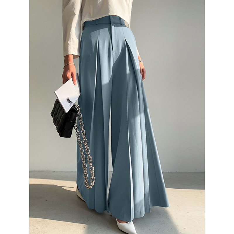Women Solid Pleated Casual Wide Leg Pants With Pocket