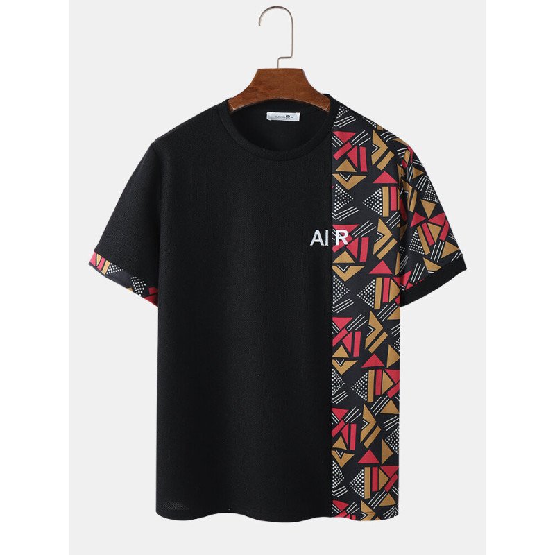 Mens Geometric Letter Print Patchwork Short Sleeve T-Shirts