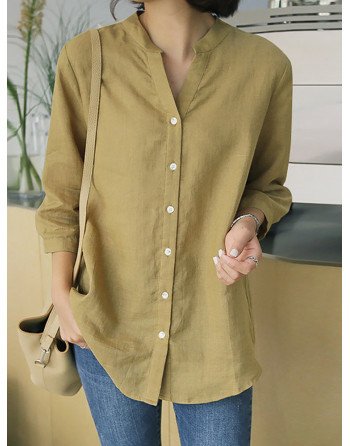 Solid Button 3/4 Sleeve V-neck Blouse For Women