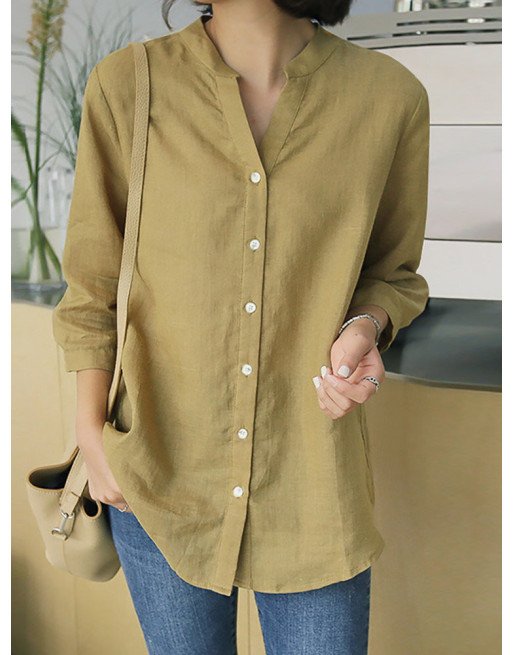 Solid Button 3/4 Sleeve V-neck Blouse For Women