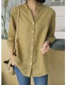 Solid Button 3/4 Sleeve V-neck Blouse For Women