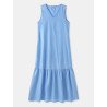 Solid Sleeveless V-neck Plus Size Ruffle Long Dress