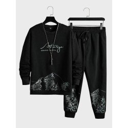 Mens Letter Print Crew Neck Casual Two Pieces Outfits