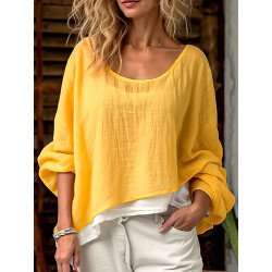 Women Solid Crew Neck Irregular Hem Cotton Casual Blouse