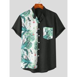 Mens Tropical Plant Print Patchwork Stand Collar Shirt