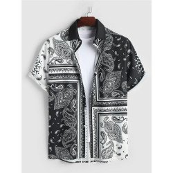 Mens Monochrome Ethnic Paisley Print Lapel Short Sleeve Shirts