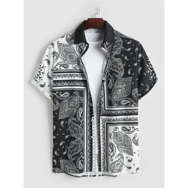 Mens Monochrome Ethnic Paisley Print Lapel Short Sleeve Shirts