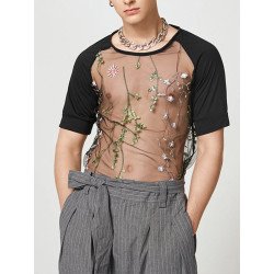 Mens Sexy Lace Print Short-sleeved T-Shirts