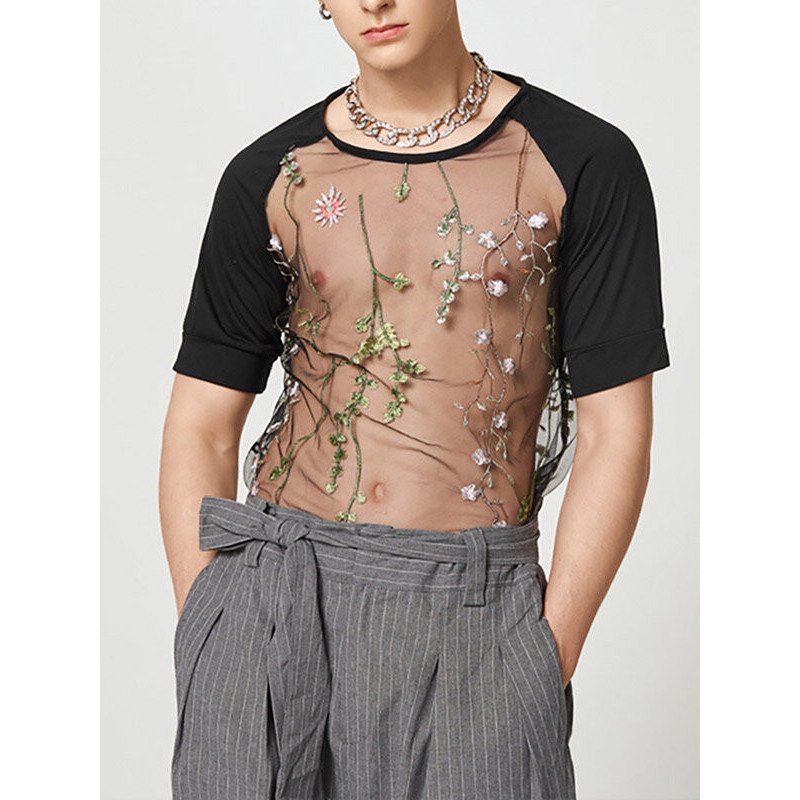 Mens Sexy Lace Print Short-sleeved T-Shirts