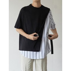 Mens Striped Patchwork Push Buckle Loose T-Shirt