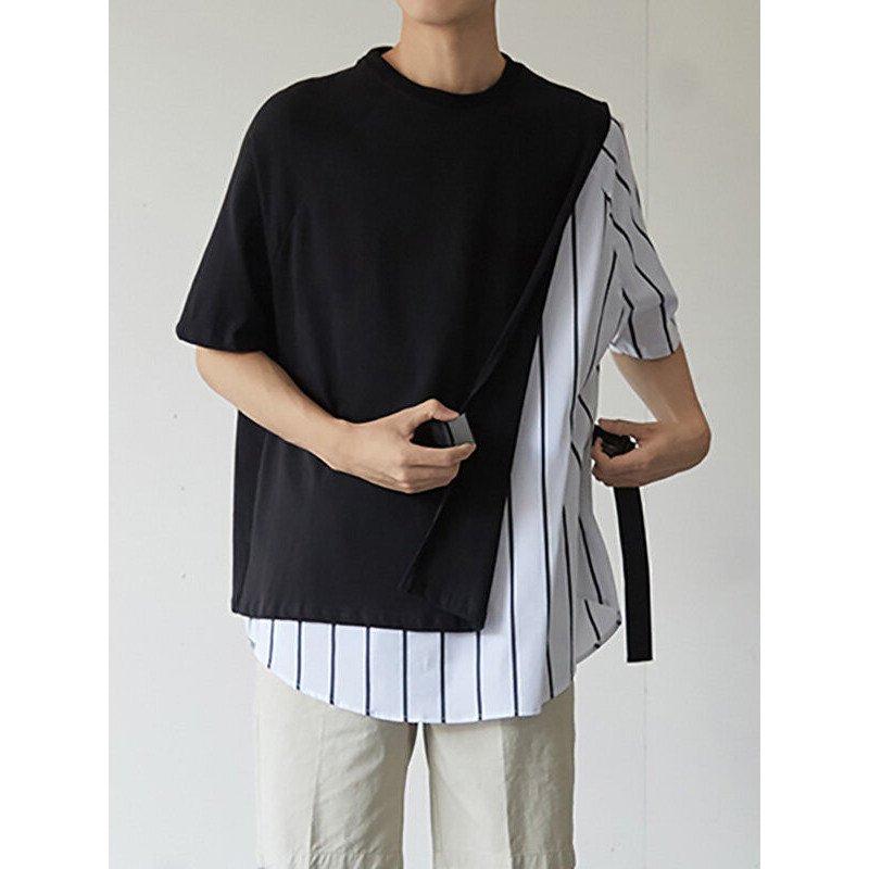 Mens Striped Patchwork Push Buckle Loose T-Shirt
