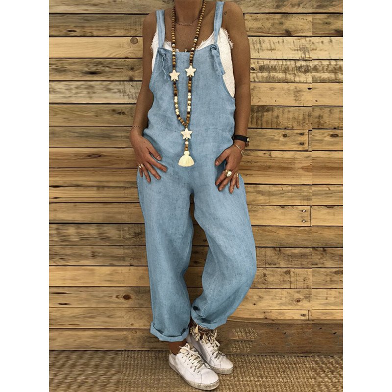 Bohemian Solid Color Straps Loose Plus Size Jumpsuit