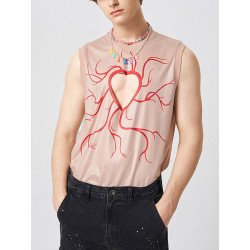 Mens Heart Print Cutout V-Neck Rib-Knit Sleeveless Tank
