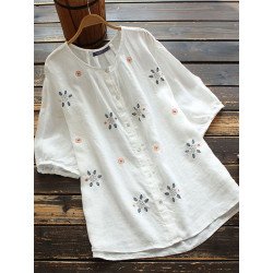 Floral Embroidery O-neck Button Short Sleeve Women Loose Blouse