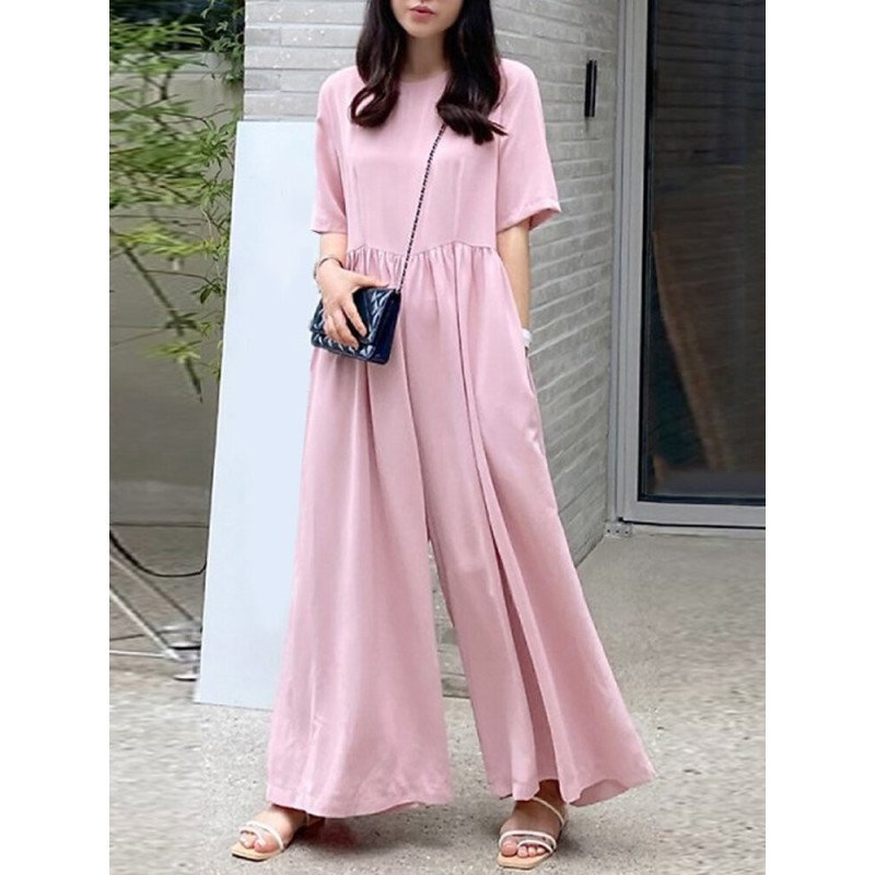 Women Solid Pleated Short Sleeve Wide Leg Jumpsuit