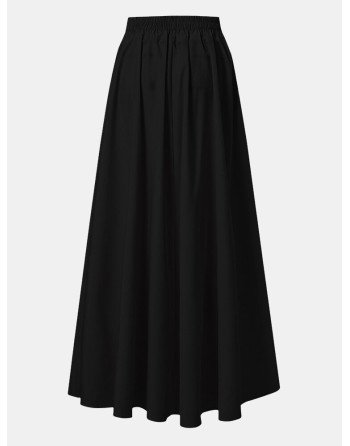 Solid Color Plain Pleated Elastic Waist Long Casual Skirt for Women