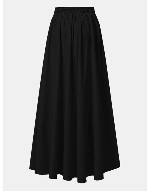 Solid Color Plain Pleated Elastic Waist Long Casual Skirt for Women