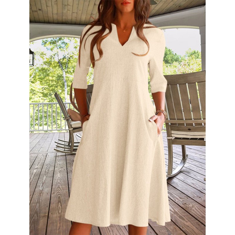 Women Solid Notched Neck Slant Pocket Half Sleeve Dress