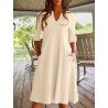 Women Solid Notched Neck Slant Pocket Half Sleeve Dress
