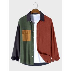 Mens Color Block Patchwork Flap Pocket Casual Long Sleeve Shirts