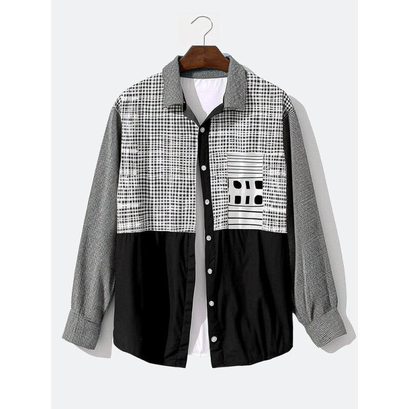 Mens Plaid Mix Print Patchwork Casual Long Sleeve Shirts