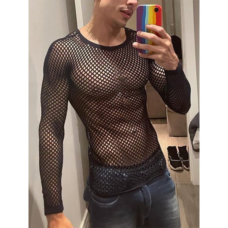 Mens Mesh See Through Long Sleeve T-Shirt