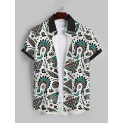 Mens Ethnic Vintage Feather Print Lapel Contrast Short Sleeve Shirts