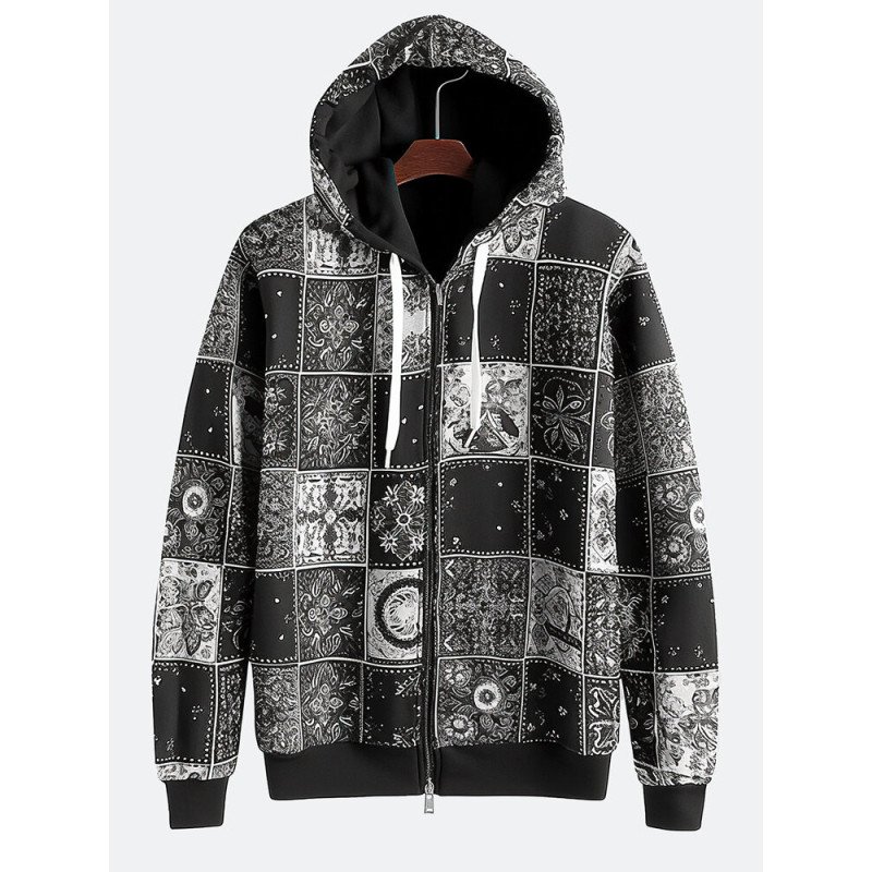 Mens Monochrome Ethnic Floral Print Zip Front Drawstring Hoodies