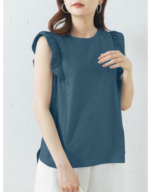 Women Cotton Ruffle Trim Sleeveless Side Split Tank Top