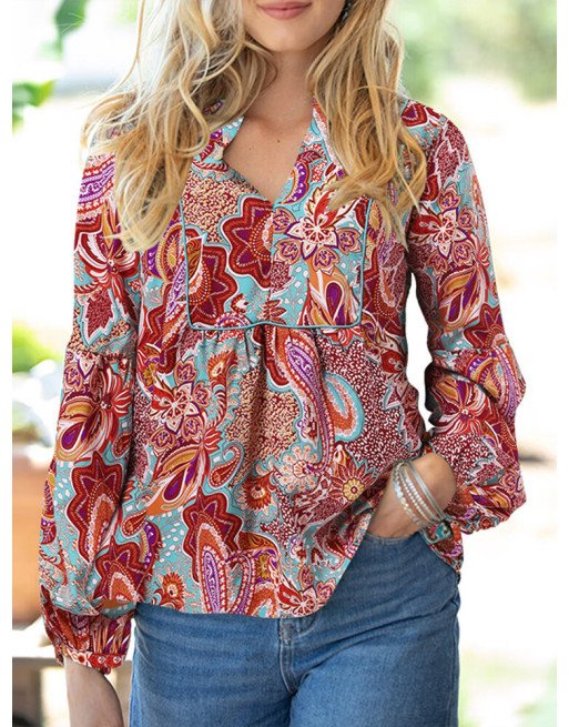 Women Vintage Paisley Print Lantern Sleeve V-neck Blouse