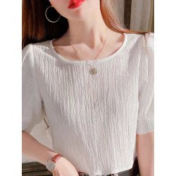 Solid Textured Short Sleeve Crew Neck Casual Blouse