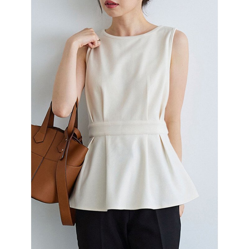 Women Solid Crew Neck Pleated Waist Sleeveless Tank Top