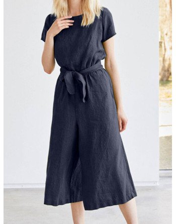 Solid Pocket Short Sleeve Wide Leg Jumpsuit With Belt