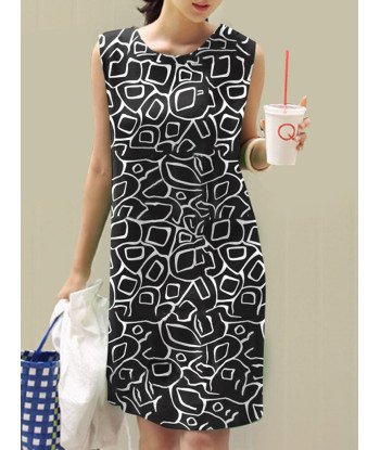 Women Abstract Print Crew Neck Casual Sleeveless Dress